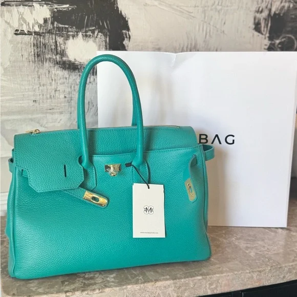 MadBag BIRKIMAD 40 Structured Italian Leather Tote – Teal NWT - Picture 1 of 14